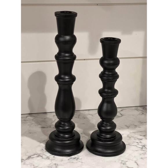 Black Wood Candle Stick Holder Set Of 2 - Picture 1 of 7